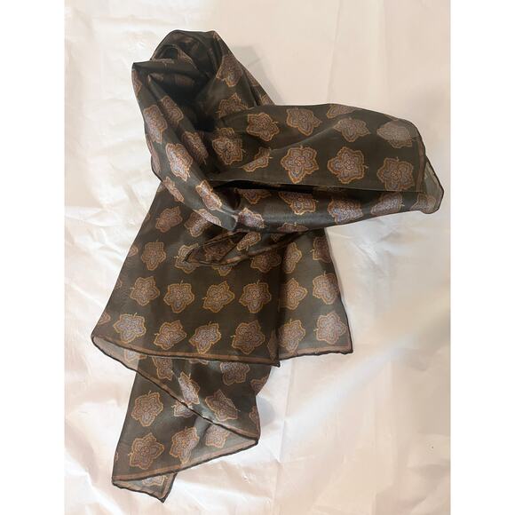 ROBERT TALBOTT Fine Silk Scarf Printed in Italy  - Brown / Blu - Semi Sheer - Picture 5 of 11